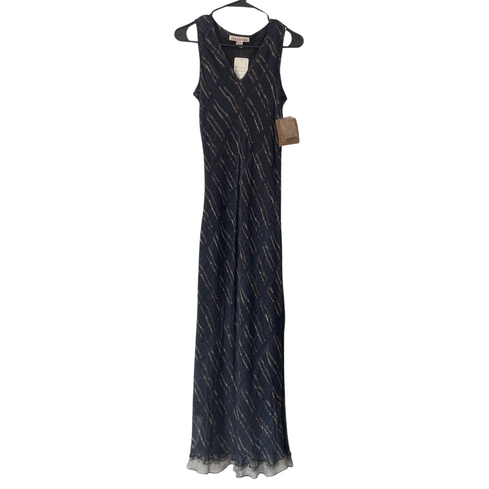 Y2K Vintage Whimsigoth Ruffle Hem Abstract Beaded‎ Maxi Dress Witchy Vamp S NEW